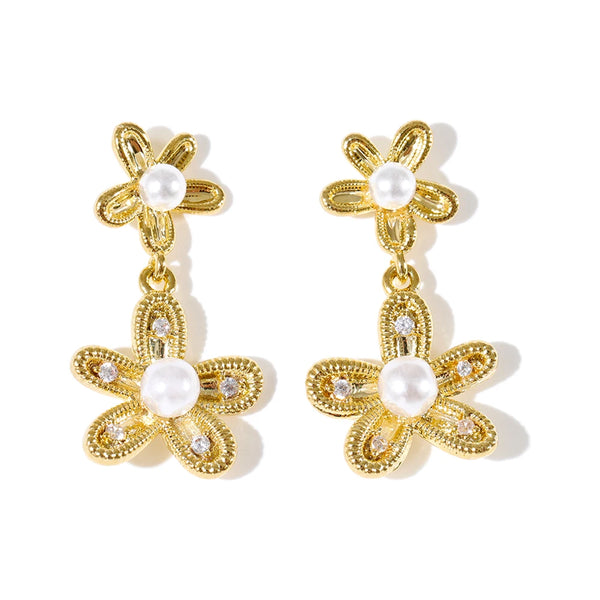 Mchic Simulated Pearls Zirconia Flower Drop Earrings Copper 14K Golden Plated Popular Fashion Jewelry Wholesale
