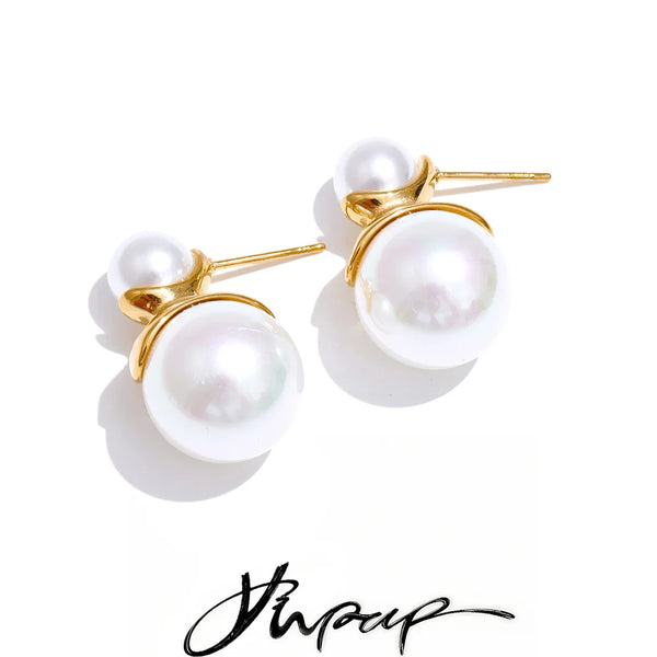 Yhpup Korean Style Simulated Pearls Unique Daily Fashion Stud Earrings Prevent Allergy Stainless Steel Chic Charming Jewelry