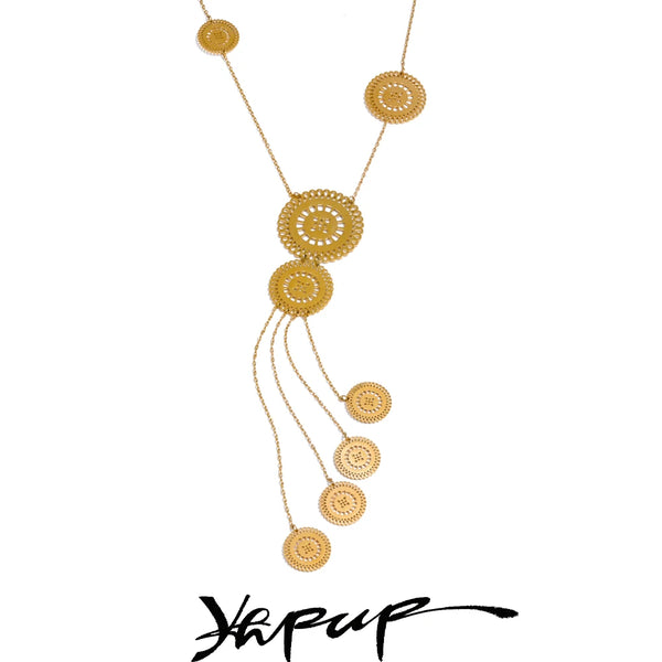 Yhpup 47+7cm Stainless Steel Round Hollow Long Drop Necklace 18K Gold Color Plated Personalized Fashion Jewelry Accessories NEW