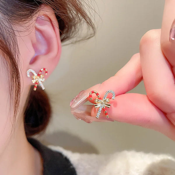 Unique Christmas Earrings Shiny Rhinestone Colorful Stripe Christmas Cane Bowknot Earring for Women 2025 Xmas Party Gift Jewelry