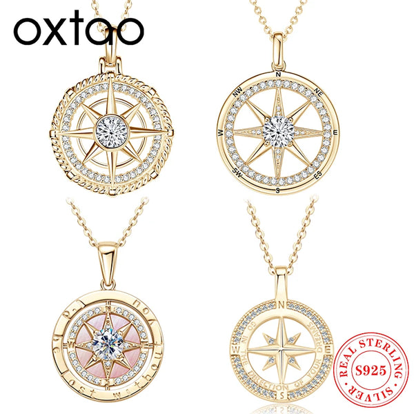 OXTAO 925 Sterling Silver Ladies Cubic Zircon Compass Pendant Necklace Luxury Jewelry  Birthday Party Gifts Adjustable Chain