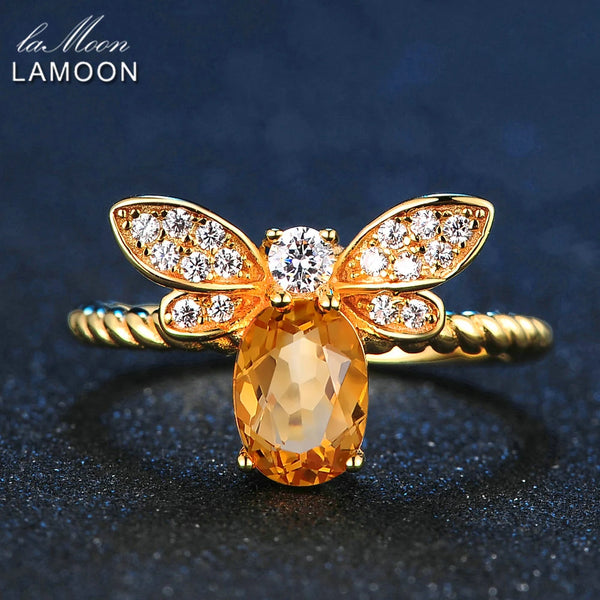 LAMOON Cute Bee 925 Sterling Silver Ring 1ct Natural Citrine Gemstones Jewelry 14K Gold Plated Rings For Women Jewellery LMRI019