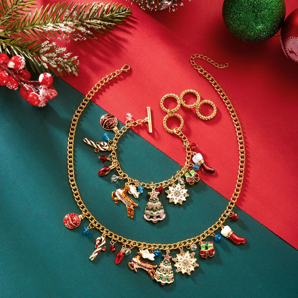 Trendy Christmas Jewelry Set for Women Exquisite Crystal Zircon Xmas Tree Snowflake Elk Crutch Metal Chain Choker Bracelet Gifts