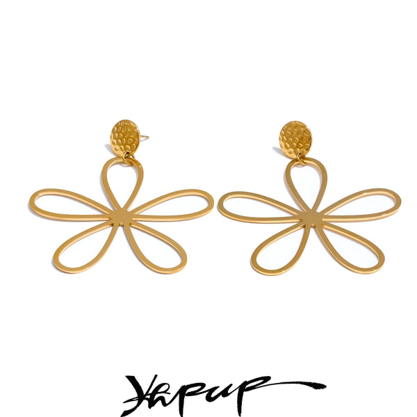 Yhpup Popular Style Stainless Steel Big Flower Hollow Drop Earrings for Women Waterproof Trendy Statement  Jewelry Accessories