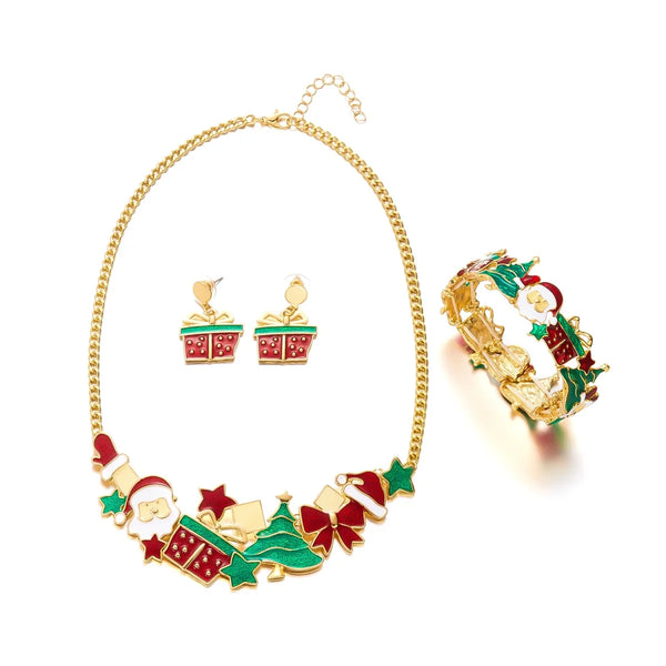 Enamel Christmas Jewelry Set Santa Claus Xmas Tree Gift Box Star Glove Bracelet Necklace Earrings Set Holiday Gift For Women Men