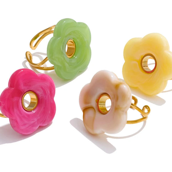 Yhpup Pink Green Yellow Grey Thick Resin Flower Adjustable Ring 18K Golden Plated Stainless Steel Y2K Arrivals Popular Jewelry