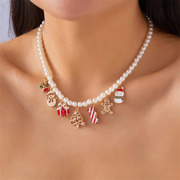 Christmas Snowman Gift Box Tree Candy Gingerbread Necklace Snowflake Sock Cane Imitation Pearl Bead Choker Jewelry For Women Men