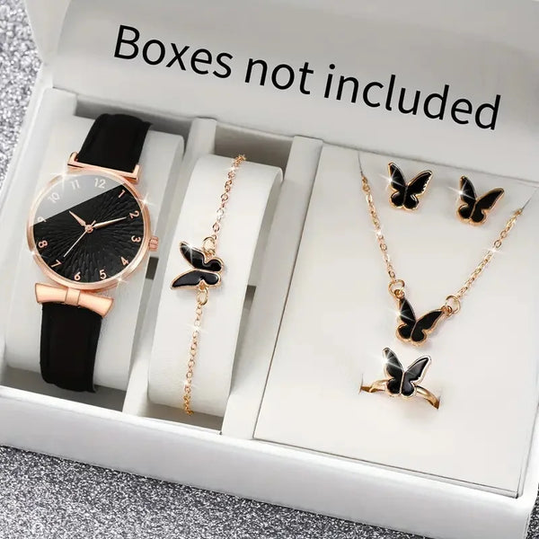 6PCS Casual simple rhinestone Mirror leather women's quartz Watch with Butterfly bracelet Necklace Earrings Ring gift set