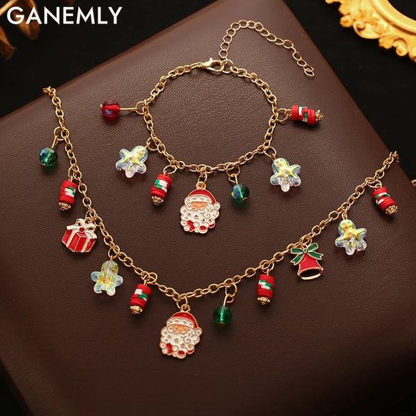 GANEMLY Cartoon Christmas Santa Claus Beads Necklace Bracelet Set Fashion Creative Christmas Jewelry Accessories For Women