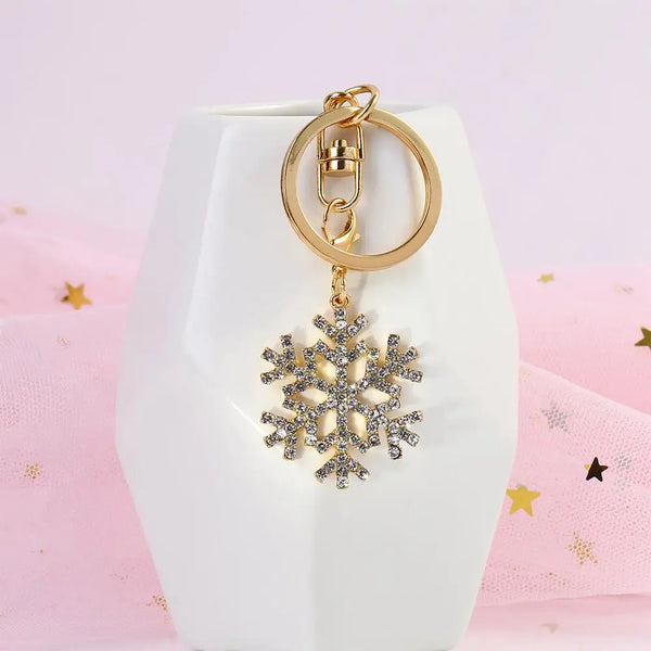 Fashion Trendy Hot Crystal Christmas Gift Gold-color Jewelry Snowflake Keychain Key Ring Pendant