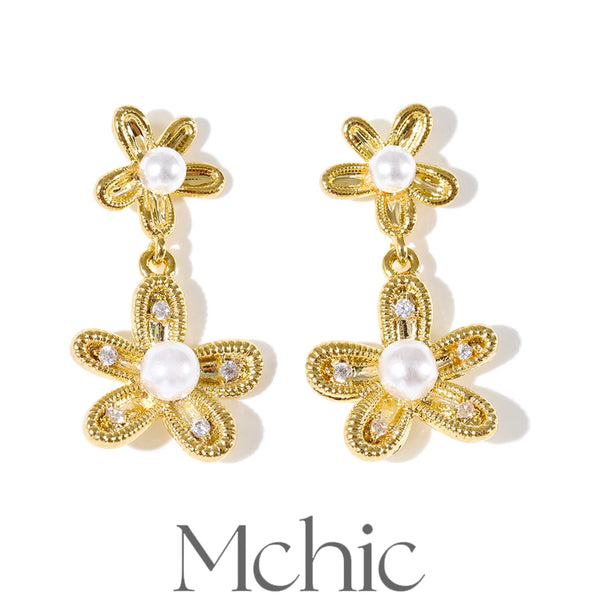 Mchic Simulated Pearls Zirconia Flower Drop Earrings Copper 14K Golden Plated Popular Fashion Jewelry Wholesale
