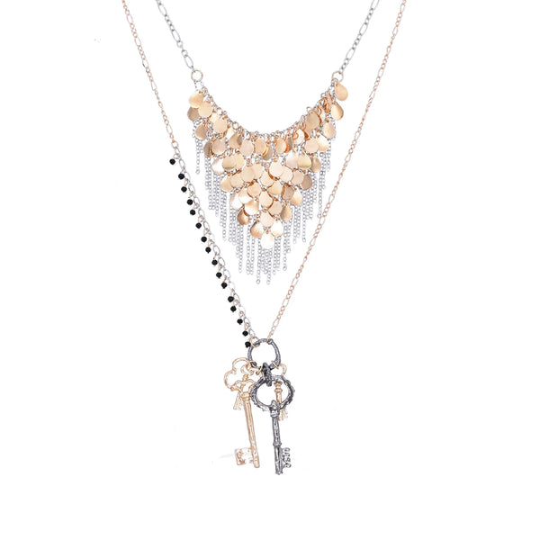 European Style Double Layer Water Drop Metal Tassel Necklace Set Fashion Women's Key Pendant Choker Necklace