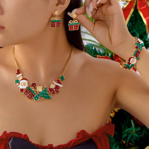 Delicate Enamel Christmas Tree Gift Box Trendy Necklace Bangle Earring Set for Women Elegant Festival Gift Charming Xmas Jewelry