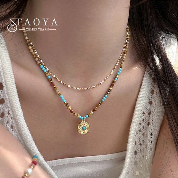 Gold Color Stainless steel Chain Bead Round Pendant Double-layer Necklace For Women Trendy Jewelry Christmas Fashion Accessories