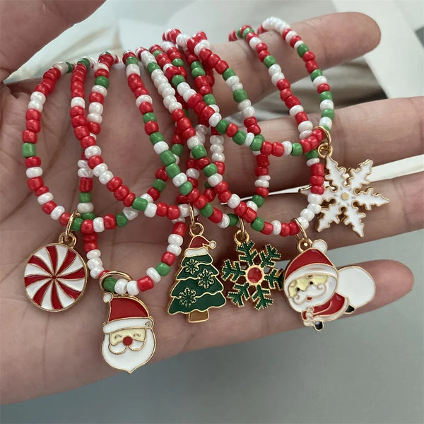 Christmas Necklaces for Women Girls Handmade Rice Beads X'mas Tree Santa Claus Snowman Gift Necklace Pendant New Year Jewelry
