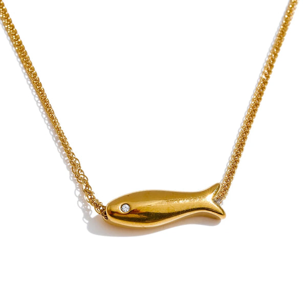 Stainless Steel Fish Shaped Pendant Zirconia Necklace with Fashionable Design Cute Exquisite Waterproof PVD Coating