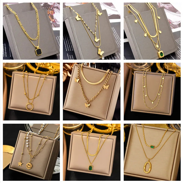316L Stainless Steel 2 Layer Different Styles Geometry Black Square Pendant Necklace Ladies Fashion High Jewelry Party Gift N413