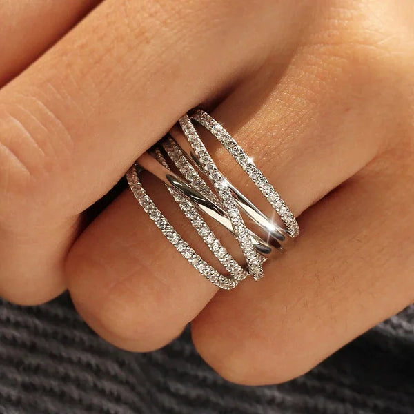 Huitan Silver Color Multi-cross Design Rings for Women Full AA Cubic Zirconia Modern Fashion Female Rings Wedding Party Jewelry