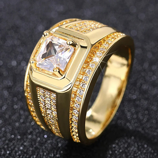 CAOSHI Fashion Gold Color Finger Ring for Men Luxury Bright Zirconia Jewelry for Engagement Ceremony Gorgeous Accessories Gift