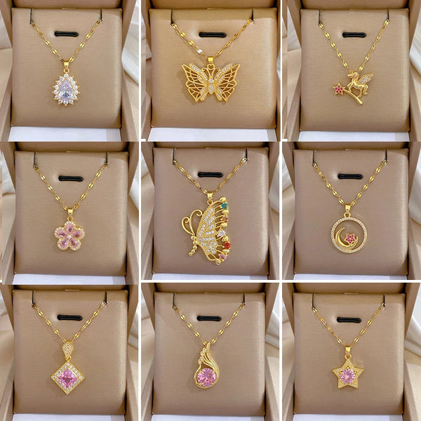 OIMG 316L Stainless Steel Gold Plated Charming Colorful Rhinestone Butterfly Pendant Neckalce For Women Girls Luxury Jewelry