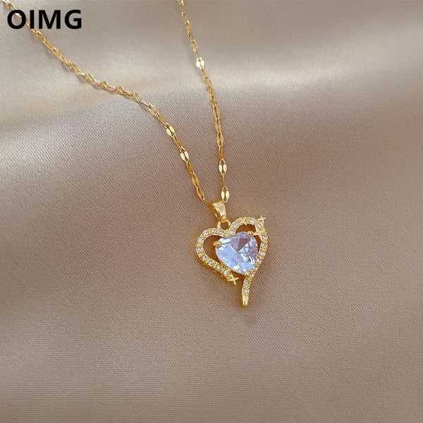 OIMG 316L Stainless Steel Gold Plated Temperament Luxury Zirconia Heart Pendant Necklace For Women Exquisite Jewelry