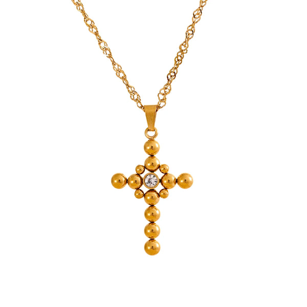 Yhpup Statement Round Beads Cross Pendant Trendy Necklace Unisex Jewelry PVD Plated Stainless Steel CZ Water Resistant Bijoux