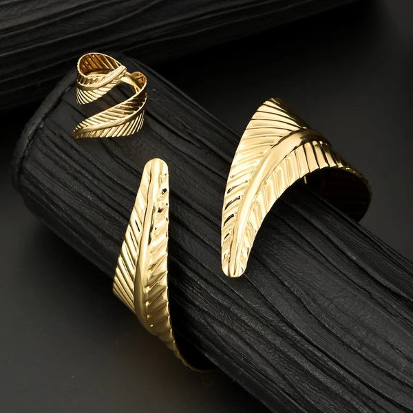 2PC European And American Women's Vintage  Leaf Shaped Bangle Ring Set Punk Metal Adjustable Bracelet Party Jewelry Accessory