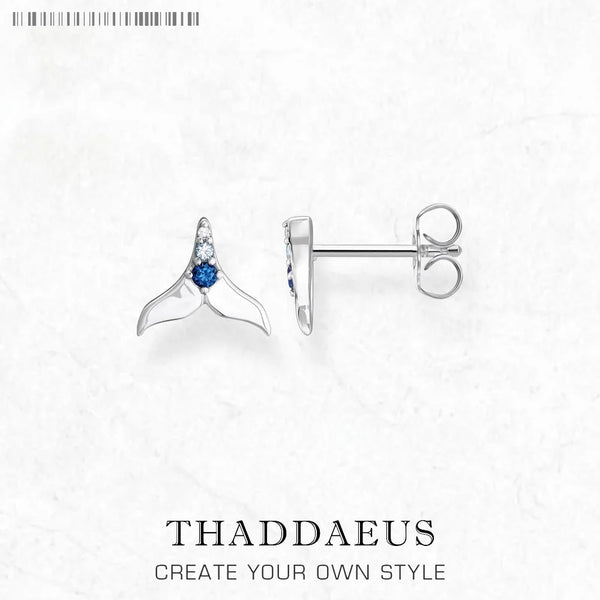 Ear Studs Tail Fin With Blue Stones,Europe Style Fine Jewerly For Women Handcrafted Gift In 925 Sterling Silver