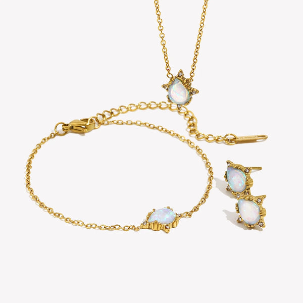 E.B.belle Elegant Bridal's Jewelry Accessories Waterdrop Necklace Earrings Bracelets Stainless Steel Blue Opal Stone Jewelry Set