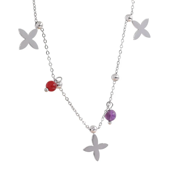Necklace Women's Natural Stone Colorful Flower Shaped Pendant Necklace Stainless Steel Jewelry Accessories Gift