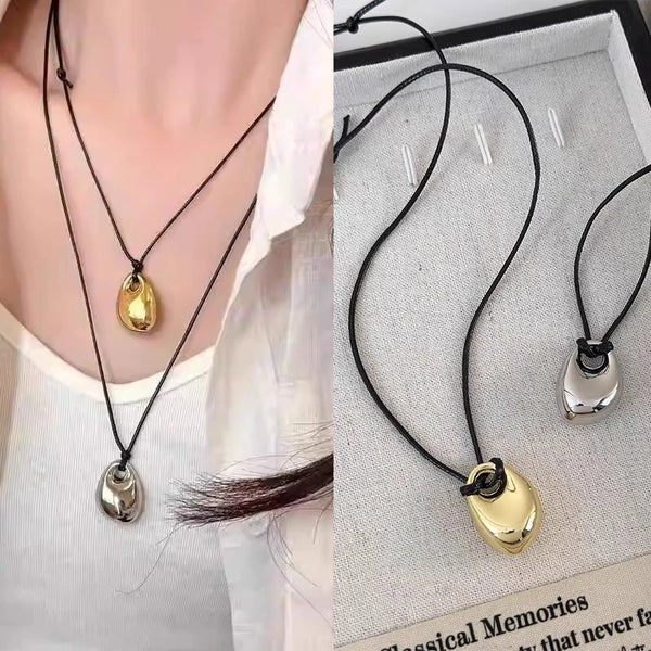Simple Black Leather Rope Necklace Women's Autumn and Winter Simple Fashion Irregular Metal Pendant Long Sweater Chain