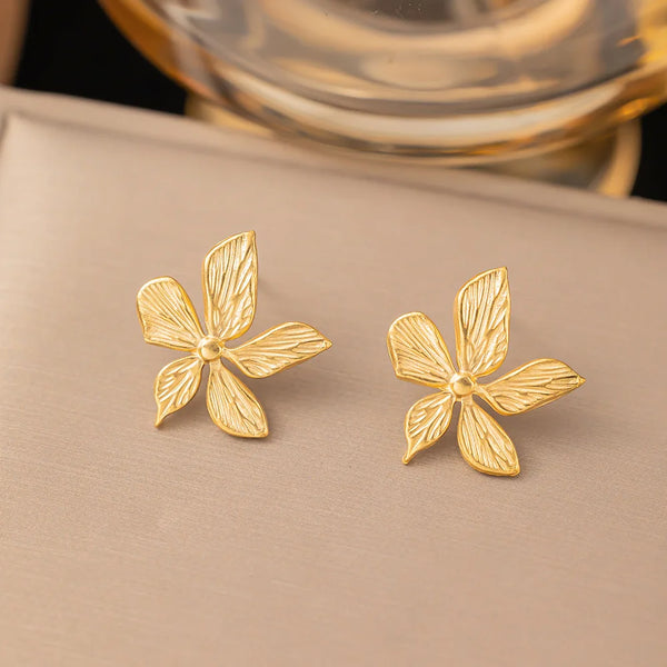 OIMG 316L Stainless Steel Vintage Design Irregular Stripes Flowers Stud Earrings for Women Cute Lovely Party Jewelry 2024
