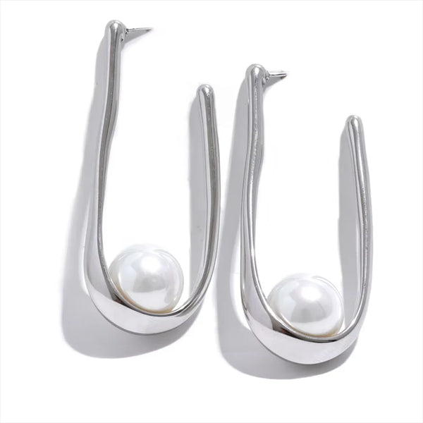 Individualistic Stainless Steel Simulated Pearls Geometric Pendant Earrings Fashion Chic Party Jewelry Gift