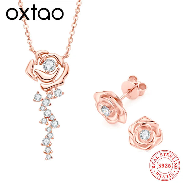 OXTAO Rose Moissanite Jewelry Set 925 Sterling Silver Retro Classic Rose Gold Pendant Necklace Boutique Jewelry Gift Certified