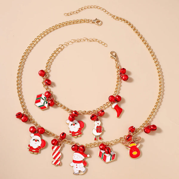 Aihua Fashion Merry Christmas Necklaces Set for Women Christmas Gifts Ring Bell Snowman Bracelet Necklace New Year Jewelry Gifts