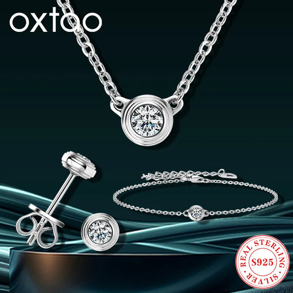 OXTAO 3mm Moissanite Bracelet Necklace Stud Earring for Women Real 925 Silver Classic Single Stone Jewelry Set Certified