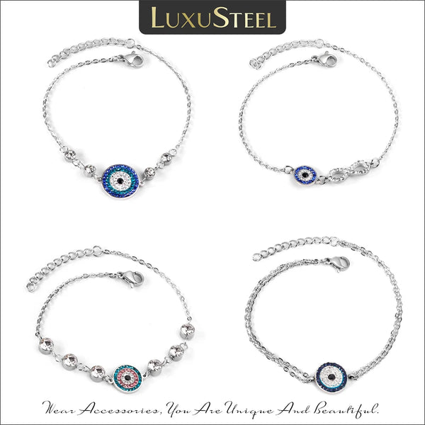 LUXUSTEEL CZ Evil Eye Bracelet Women Men Silver Color Stainless Steel Colorful Stone Cubic Zirconia Turkey Jewelry Adjustable
