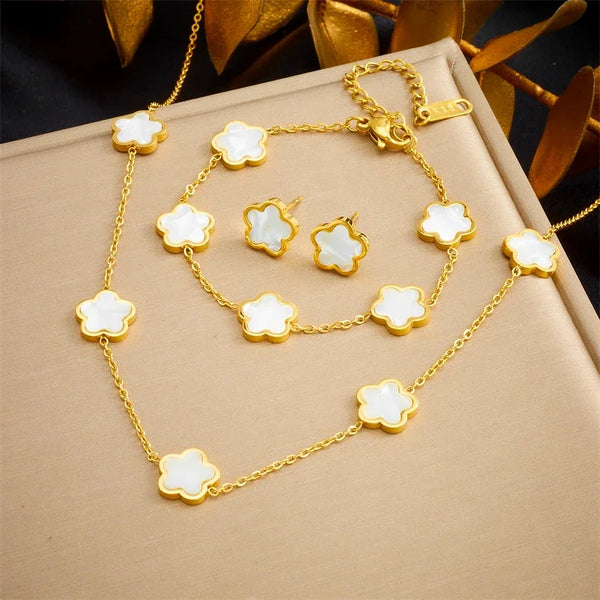 316L Stainless Steel Colorful Flowers Charm Necklace Bracelet Earrings Suit For Women New Trend Non-Fading Jewelry Set Clover