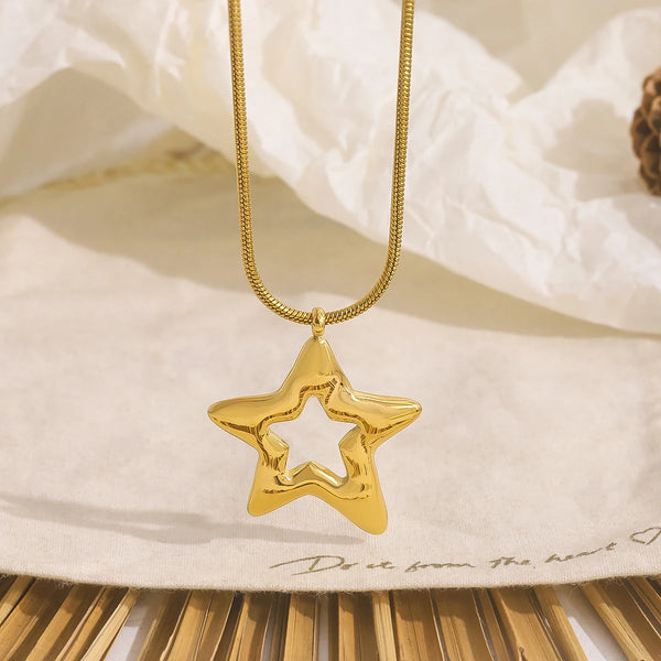 WILD & FREE Asymmetrical Star Stainless Steel Pendant Necklace for Women 18K Gold Plated Trendy Glossy Waterproof Jewellery