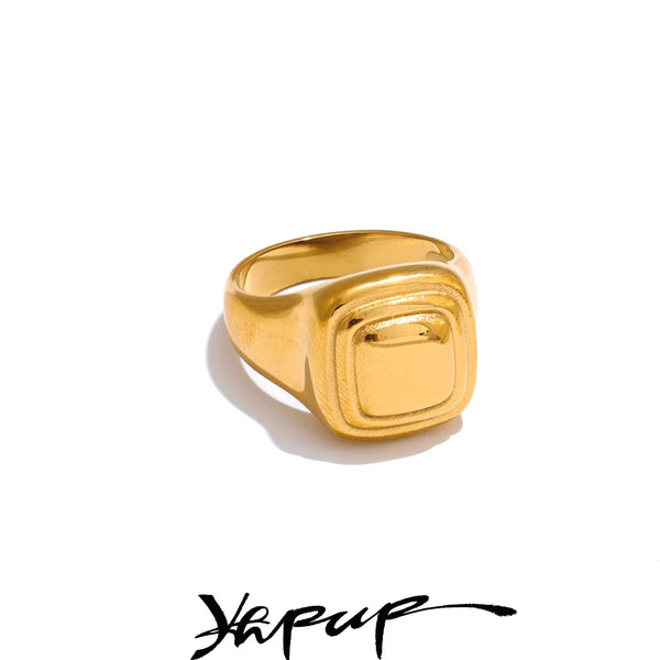 Yhpup Size 7# High Quality Stainless Steel Metal Square Casting Ring 18K Gold PVD Plated Personalized Popular Jewelry New
