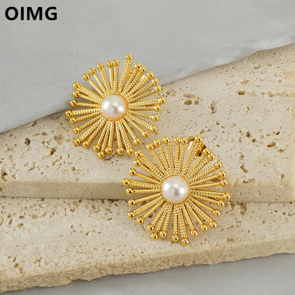 OIMG 316L Stainless Steel 18K Gold Plated Vintage Bohemian Style Flower Imitation Pearl Big Stud Earrings for Women Waterproof