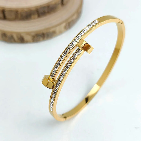 Personalized 18K gold-plated stainless steel zircon bangle, light luxury, versatile, social, party, daily use, self-use, gift