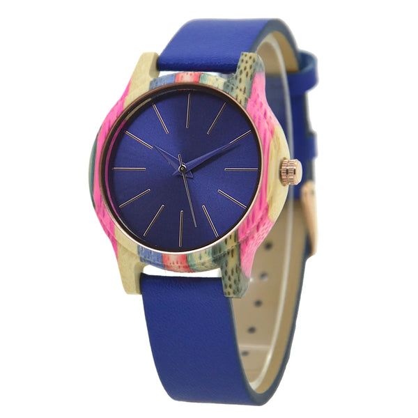 Mens Womens 40mm Big Neutral Colouful Bamboo Wooden Watch Unisex Japan Analog Quartz Leather Strap  Casual Watches