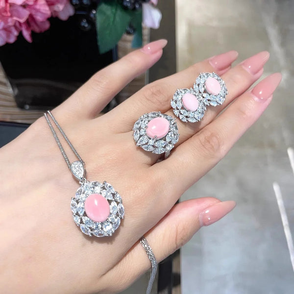 Exquisite luxury Design Jewelry Sets with Pink Quartz Zircon Pendant Necklaces Earrings Silver Color Rings Wedding 3 Piece Set