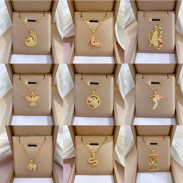 OIMG 316L Stainless Steel Elephant leopard Lion Animal Pendant Necklace Women Religious Exaggerate Luxury Jewelr
