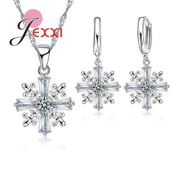 Winter Fashion Clear Crystal Snowflake Women Necklace Earrings Jewelry Set Beautiful Christmas Celebration Gifts Free Ship