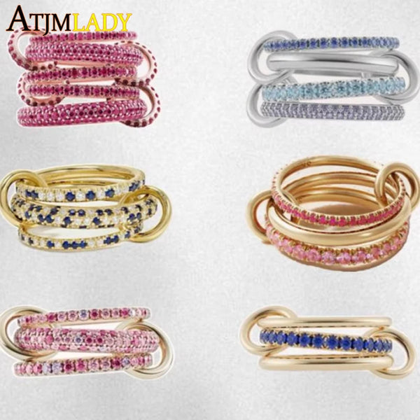 2025 New Arrive Gold Color Mix Circle Stacking Pink CZ Ring for Women Micro Pave 5A Cubic Zirconia Stackable Full Finger Jewelry