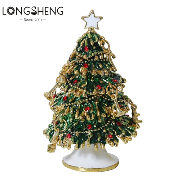 Christmas Tree Jewelry Trinket Box Hand Painted Enameled with Sparkling Rhinestones Hinged Jewelry Organizers Girls Ring Holder