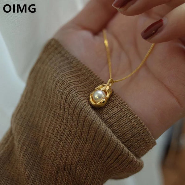 OIMG 316L Stainless Steel Gold Plated Fashion Elegant Irregular Baroque Imitation Pearl Neckalce For Women Aesthetics Jewelry