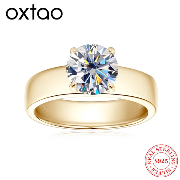 OXTAO 14K Yellow Plated Moissanite 2CT Engagement Wedding Ring for Women Men Solitaire Ring Jewelry Gifts 925 Sterling Sliver